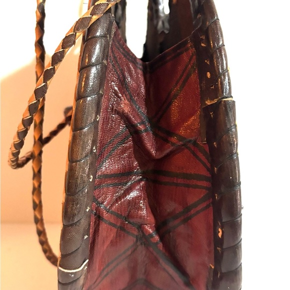 Handcrafted handmade Africa  Tan and brown leather suede woven straw Round Bag - Picture 6 of 7